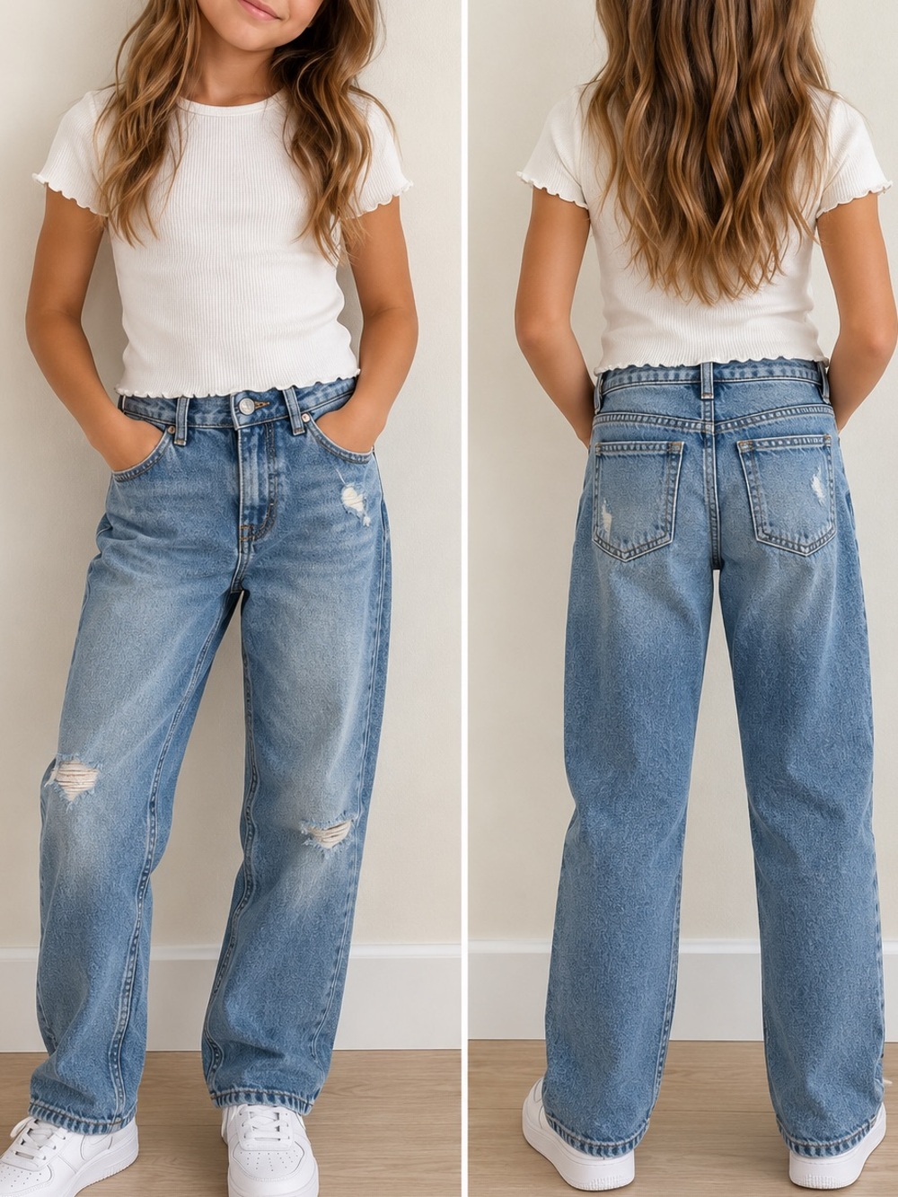 Zara Kids Blue Distressed Straight Leg Jeans size 10 mom jeans boyfriend jeans